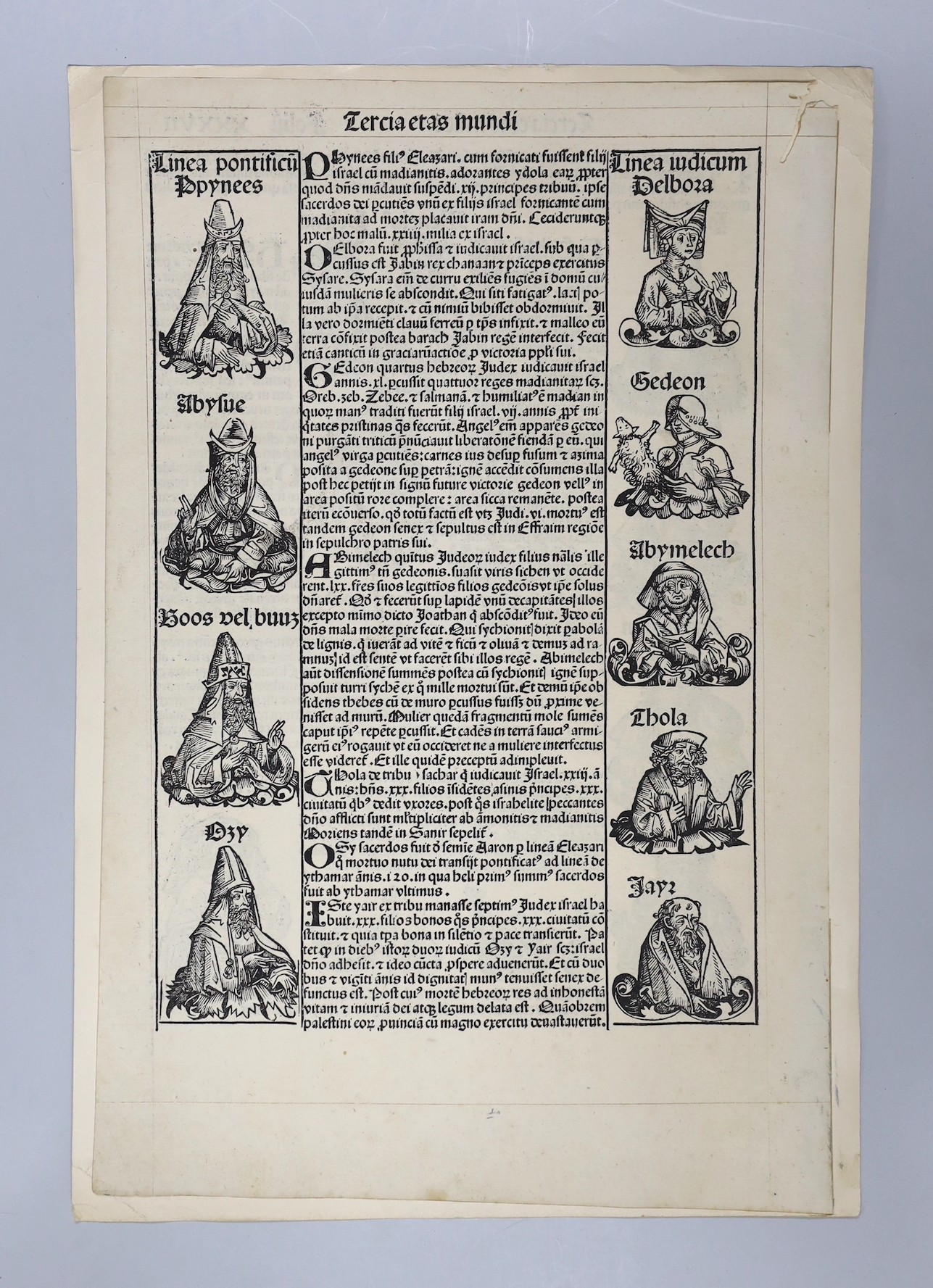 [Hartmann, Schedel - Liber Chronicarum, the Nuremburg Chronicle], an original folium (no.XXXVII), headlined - Tercia etas mundi (the Third Age of the World); of Trojan War interest (recto) with wood-engraved illus. of 8